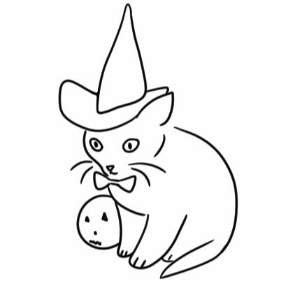 a drawn picture of a kitten in a witch hate and sitting next to a tiny jack-o-lantern